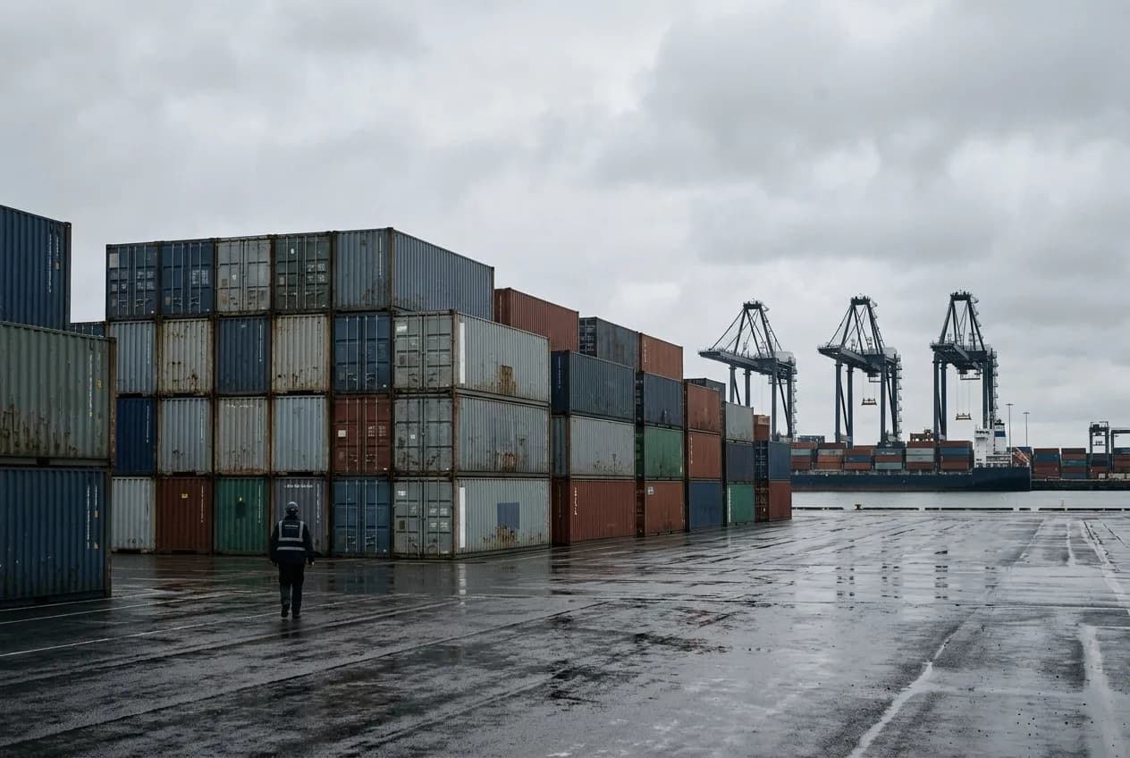 Shipping containers at a British port on an overcast day, freight cranes in the background