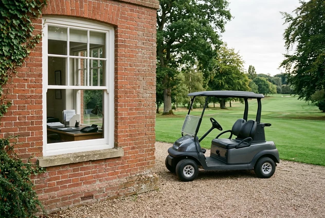 A modern electric golf buggy parked outside the clubhouse office of a British parkland golf club, paperwork visible on the desk through the window