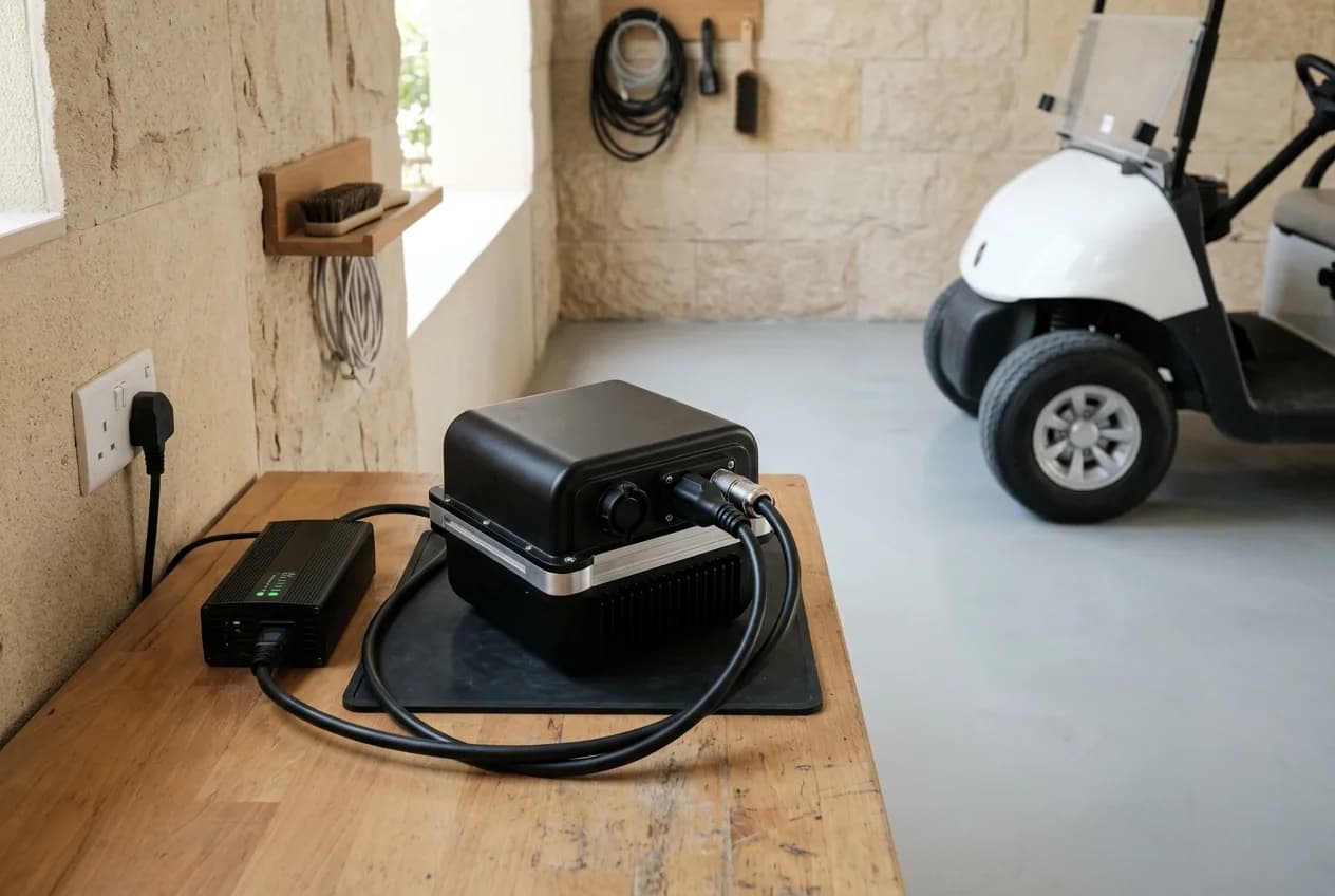 A sealed lithium golf cart battery and charger in a shaded UAE villa garage