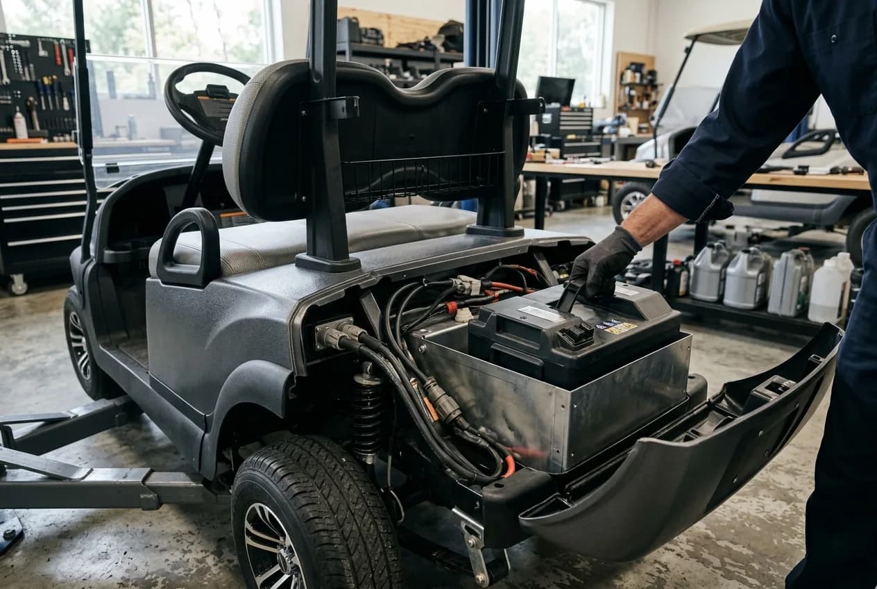 A lithium battery pack being fitted into the underside of an electric golf cart in a clean workshop