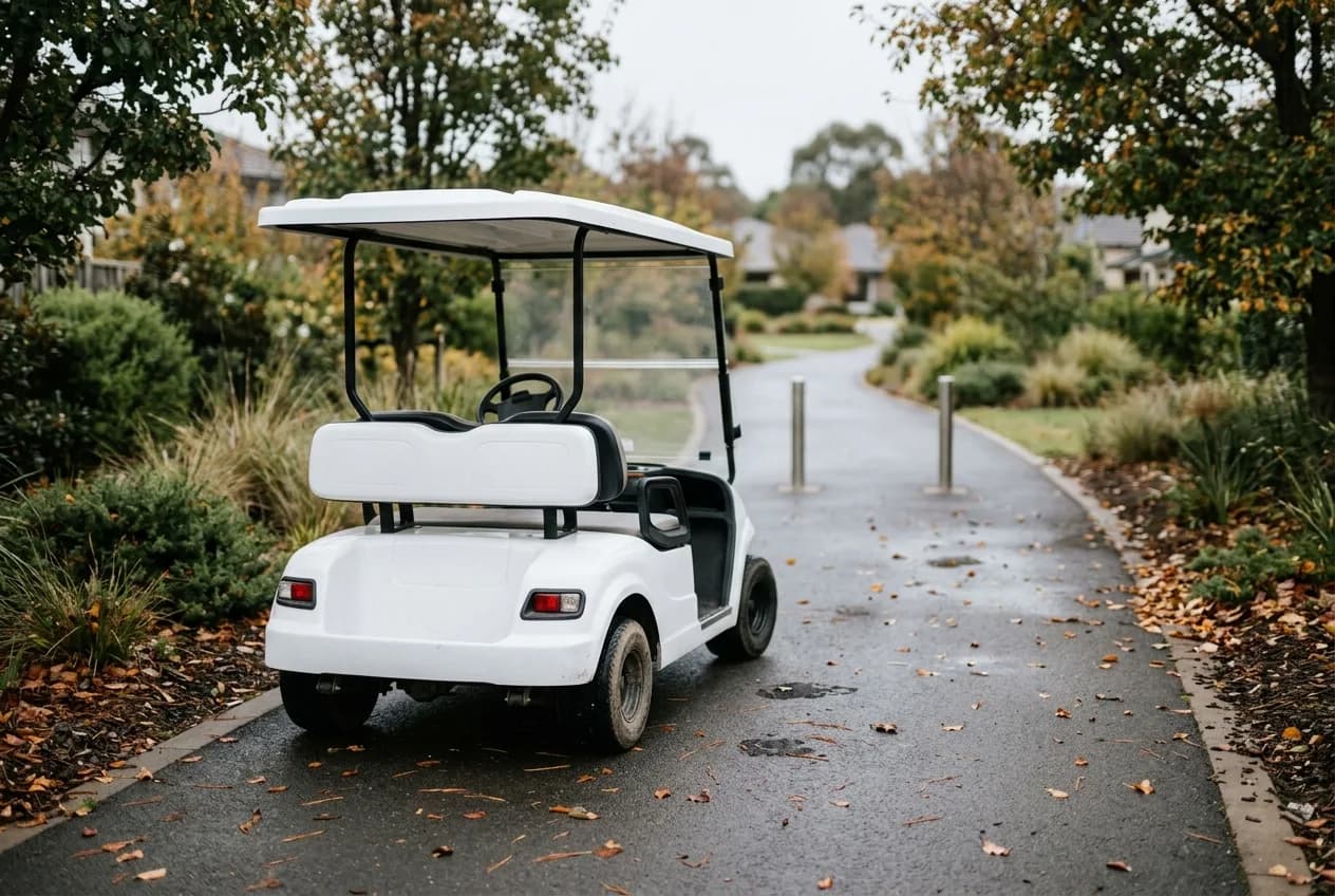 A compact electric low-speed vehicle parked on a leafy residential street in the morning