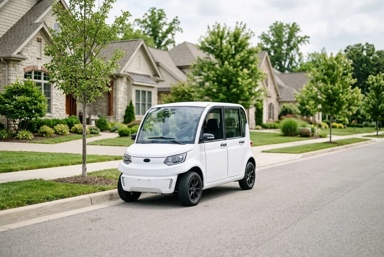 A neighborhood electric vehicle parked on a quiet suburban street in soft daylight