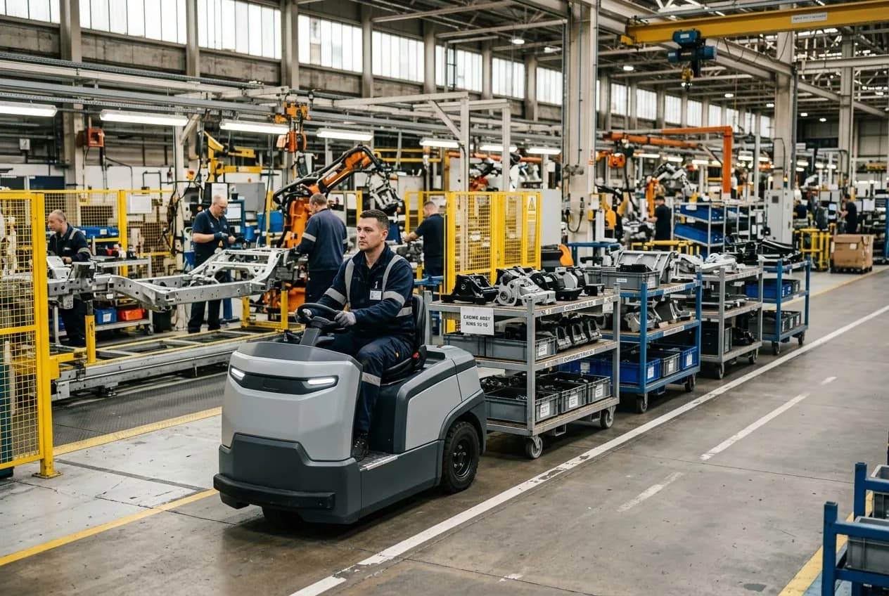 An electric tow tractor pulling a train of parts trolleys along a wide aisle inside a manufacturing plant
