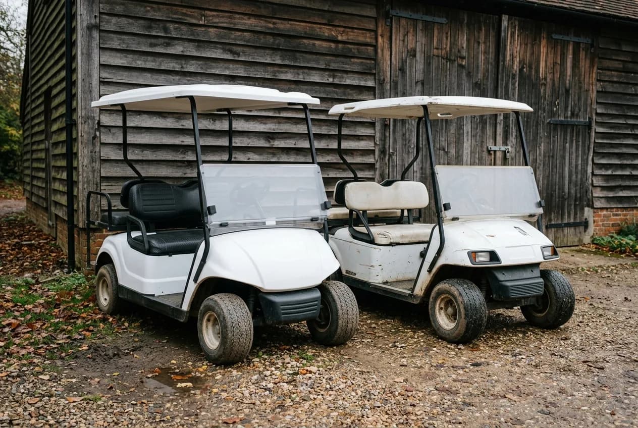 Two electric golf carts parked side by side outside a rural Canadian workshop