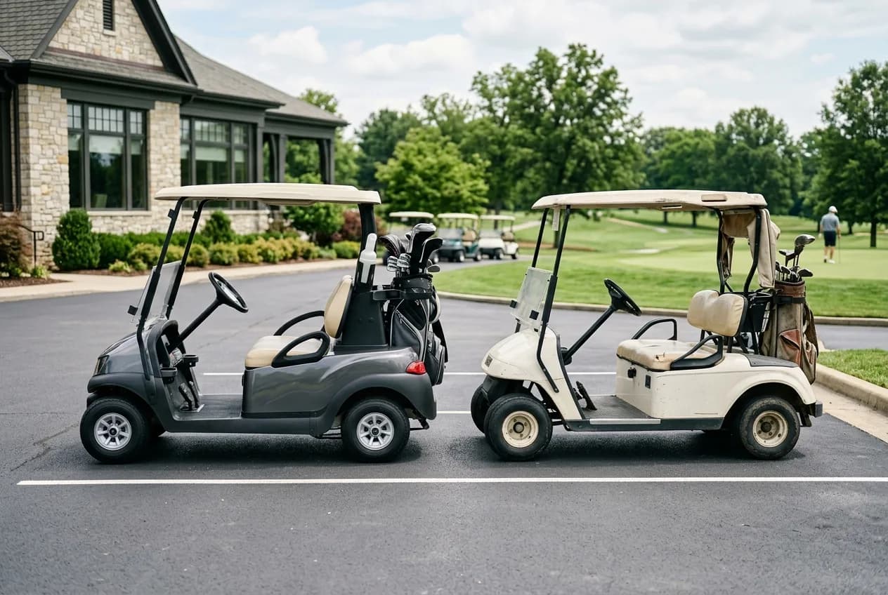 A new electric golf cart beside an older used cart on a sunlit dealership lot