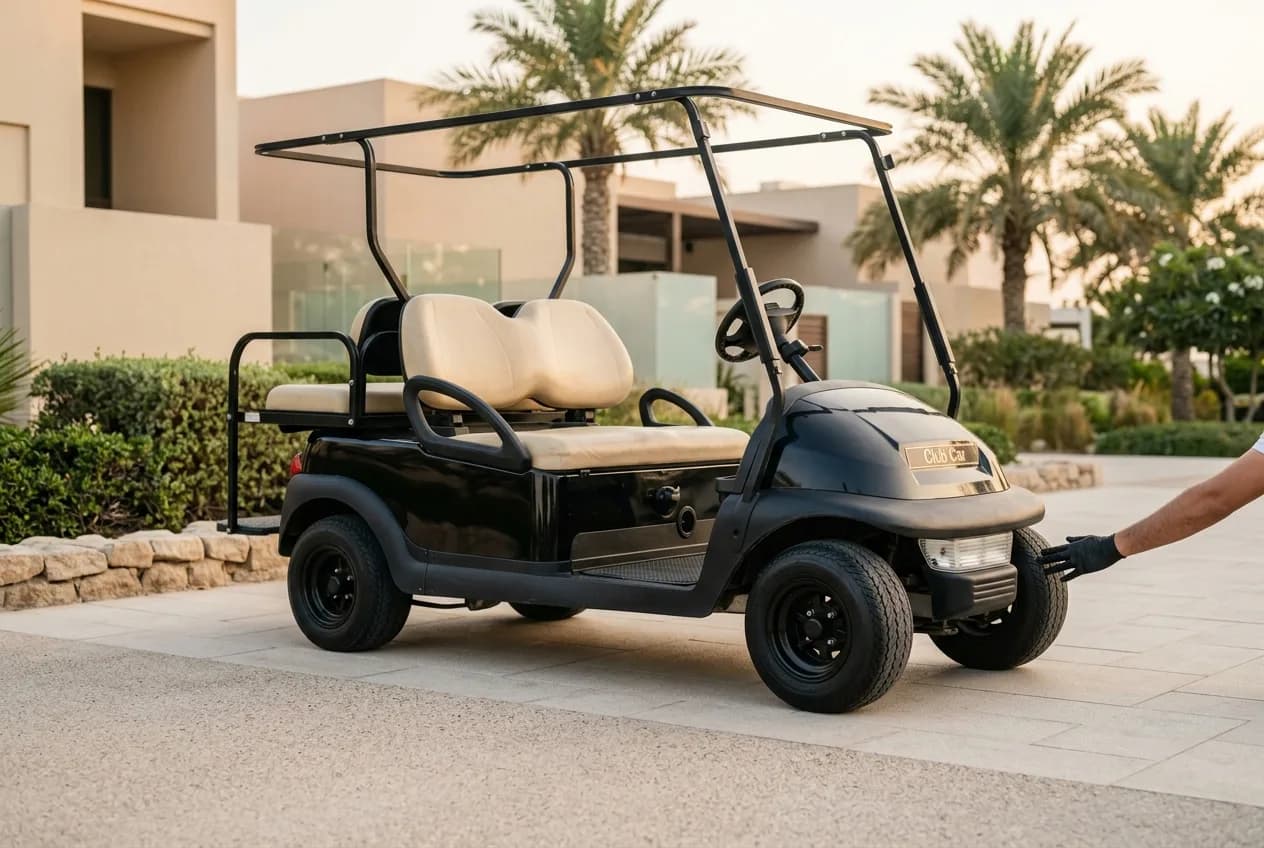 A well-kept used electric golf buggy being inspected on a clean forecourt in the UAE under warm daylight
