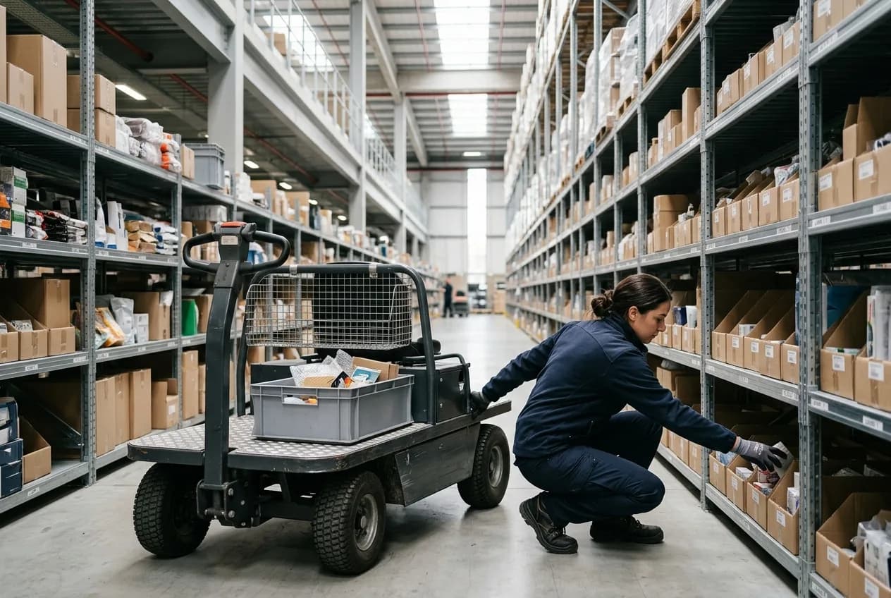 A picker riding a low-level electric order-picking cart along a warehouse aisle with a part-filled order