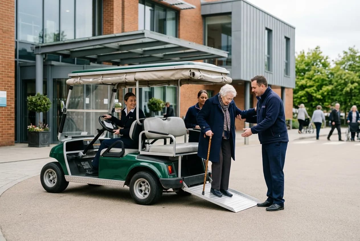 An accessible electric transfer cart with a ramp collecting a wheelchair user and companion outside a hospital entrance