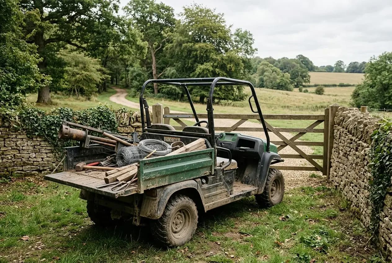 A rugged electric utility cart with a load bed parked on a muddy estate track beside woodland