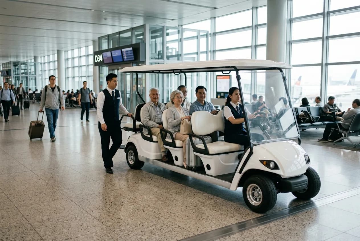 An electric assistance cart carrying several seated reduced-mobility passengers and a companion through an airport terminal
