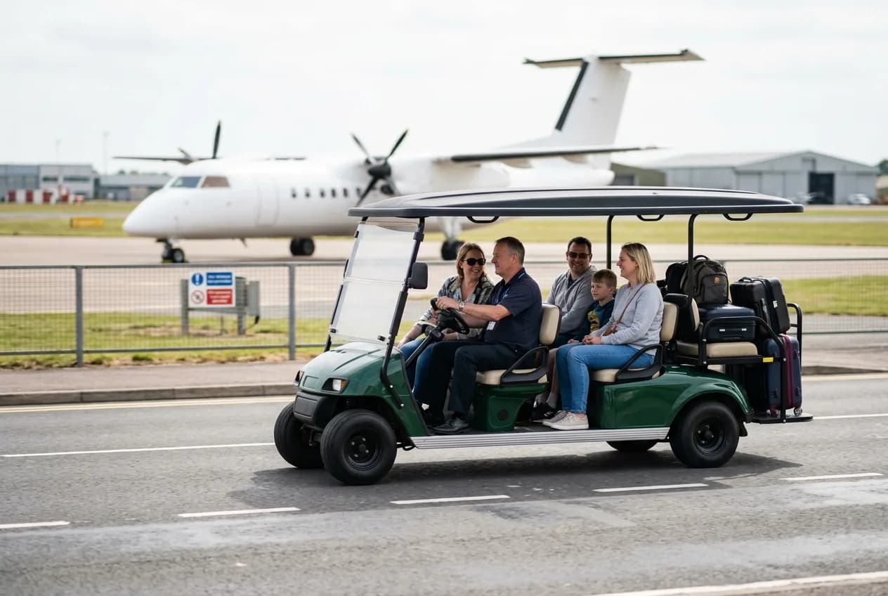An electric people-mover carrying passengers across the apron at a small regional airport on a clear day