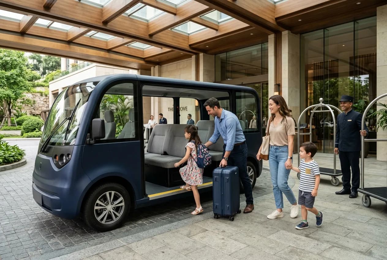 Guests boarding an electric shuttle cart at a resort hotel lobby entrance
