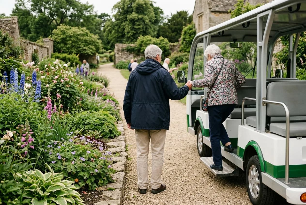 Volunteer driver helping a visitor aboard an electric shuttle buggy at a marked stop in an English country garden