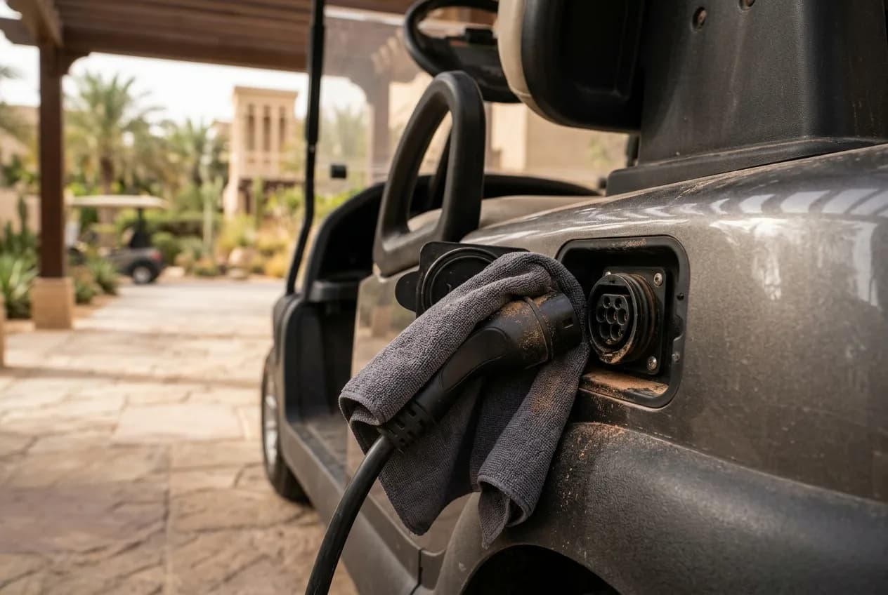A clean electric golf buggy on a dusty estate path in the UAE with fine sand and palms