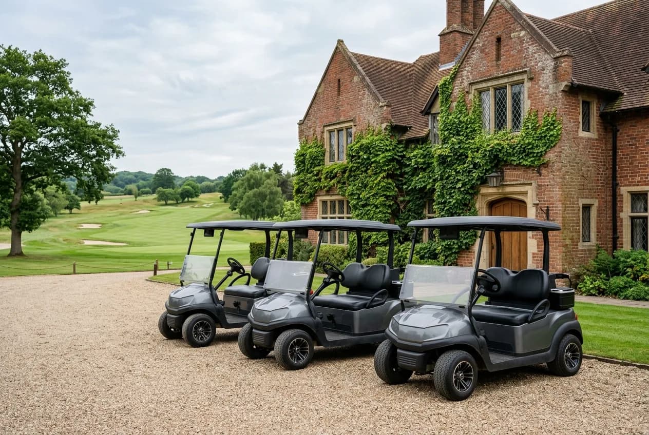 Row of electric golf buggies lined up outside a UK parkland clubhouse ready for a season of hire