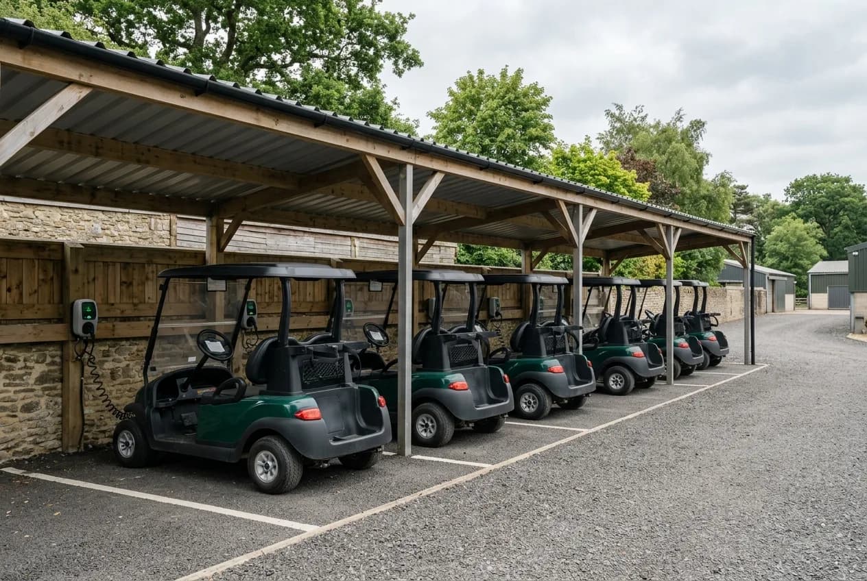 A row of electric golf carts on charge in a covered storage bay