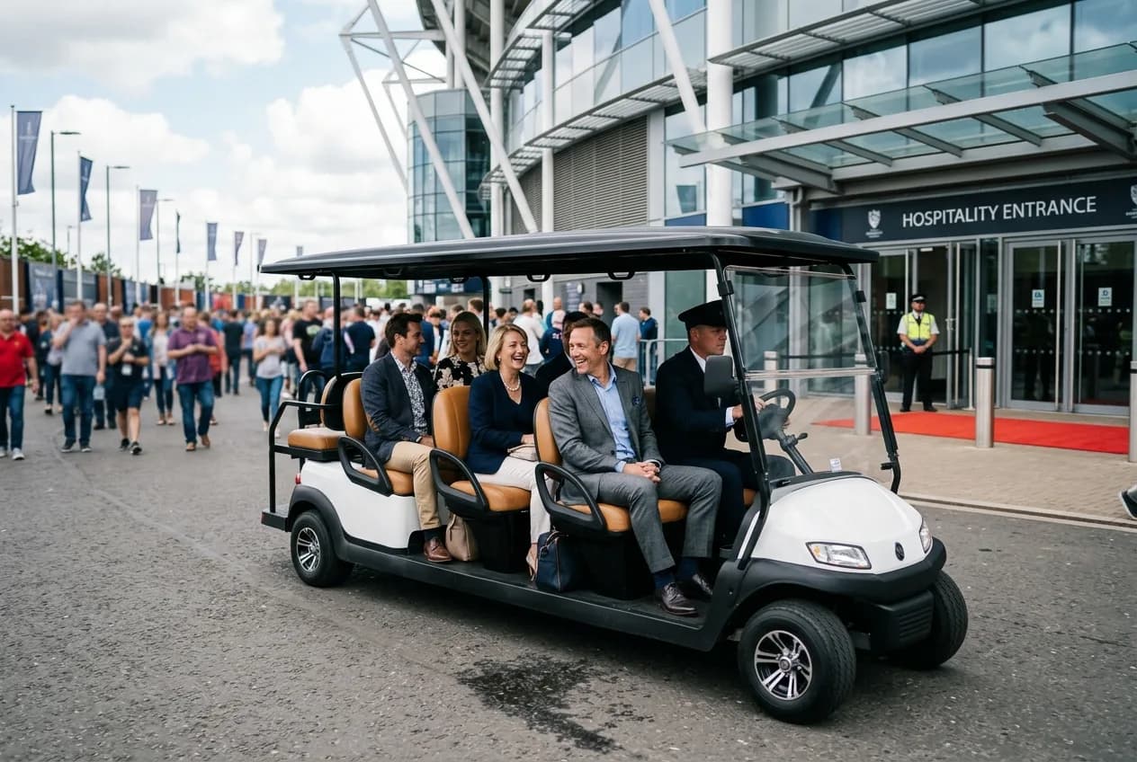 A smartly finished electric cart carrying guests along a stadium concourse towards a hospitality entrance