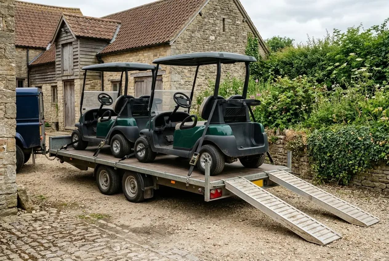 Electric buggies being loaded onto a trailer in a British farmyard ahead of a summer event