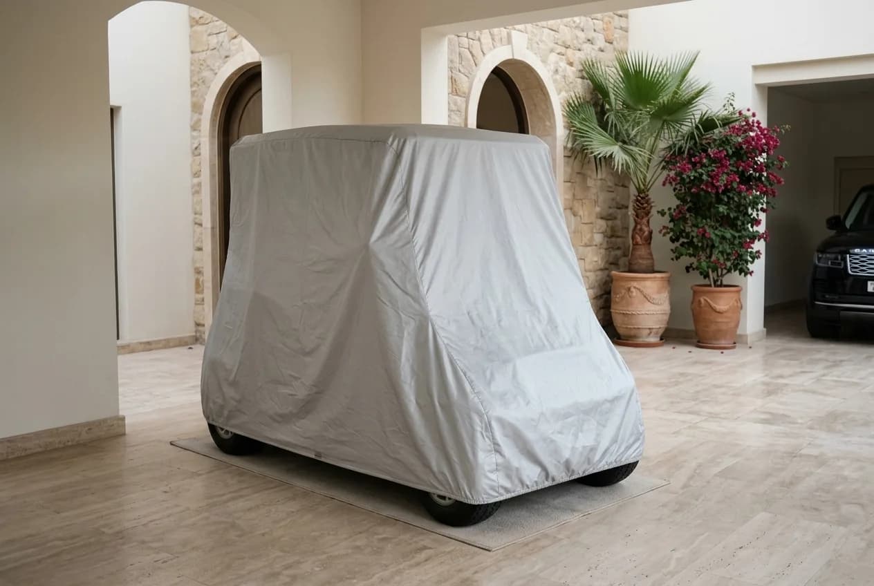 An electric golf buggy under a breathable cover parked in a shaded UAE villa garage for summer storage