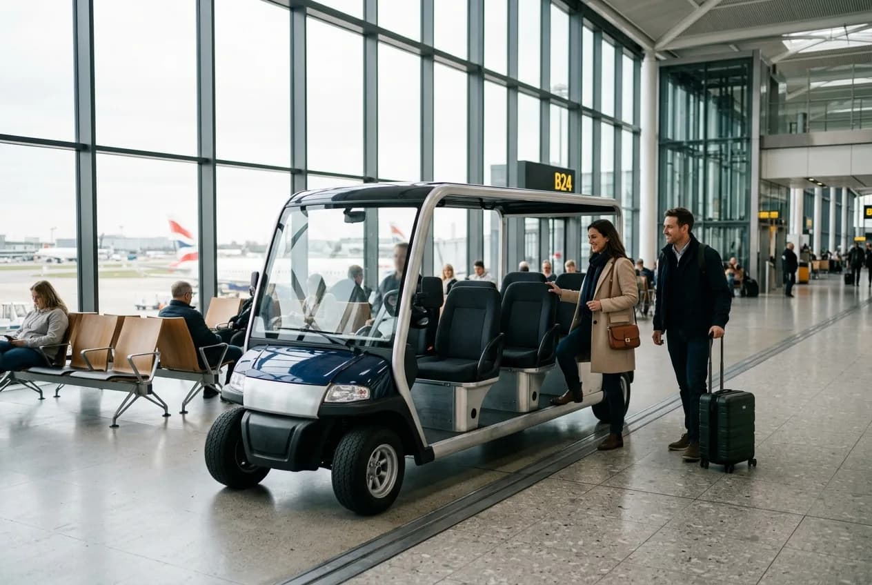 A small electric passenger buggy moving at walking pace along a wide, light-filled airport concourse with travellers nearby