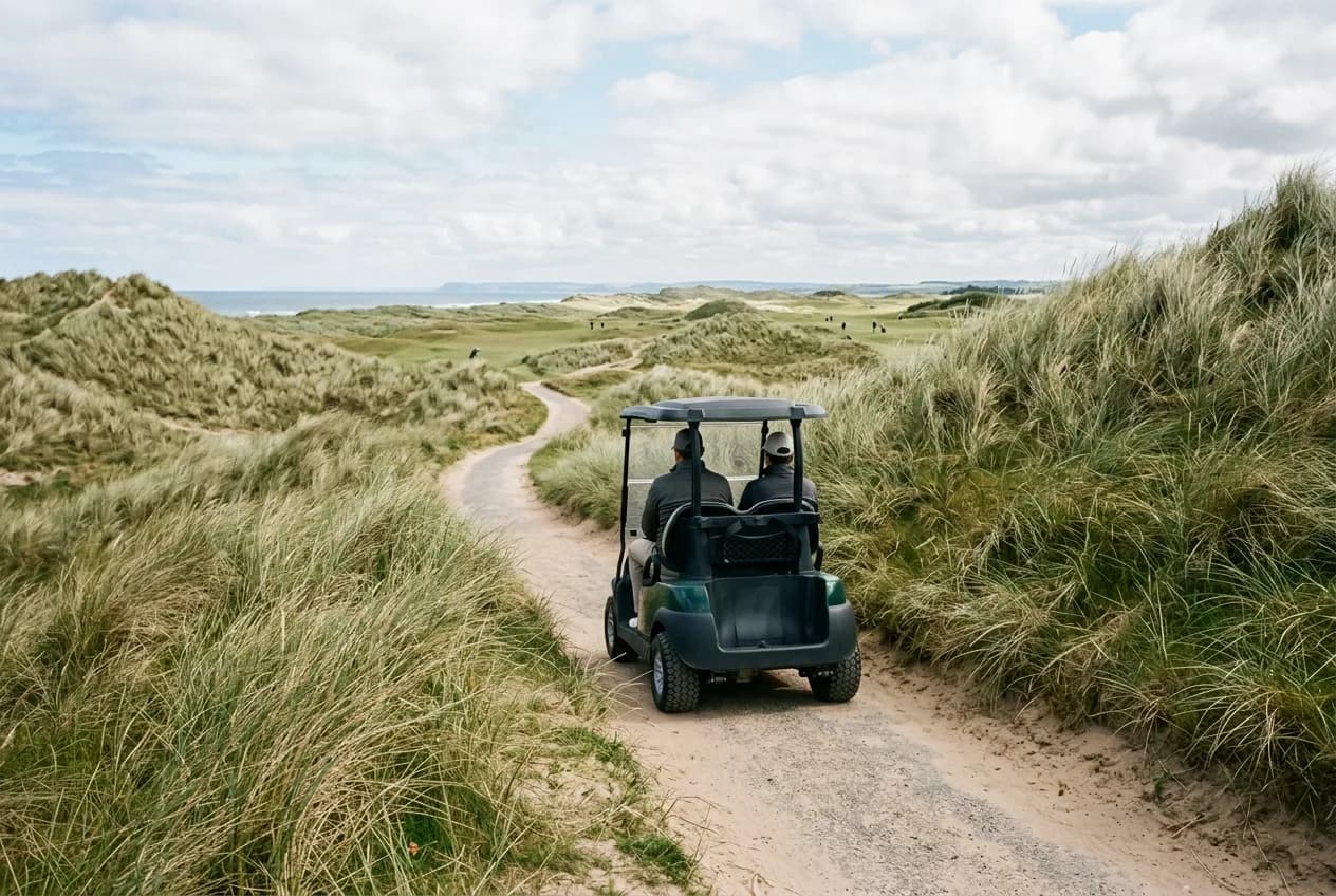 Golf buggy on a sandy path winding between tall dunes on a Scottish links course under a bright sky