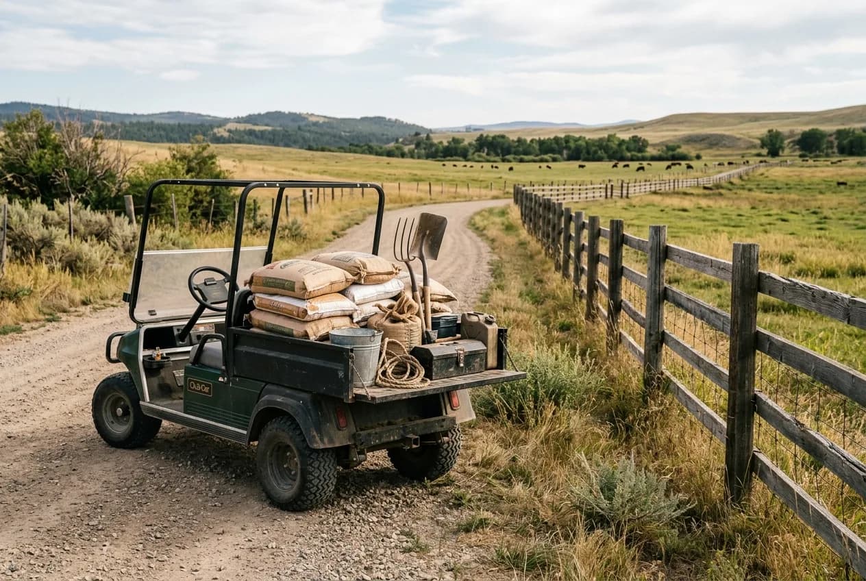 A utility golf cart with a loaded cargo bed on a dirt track beside a fence line on a ranch in soft daylight