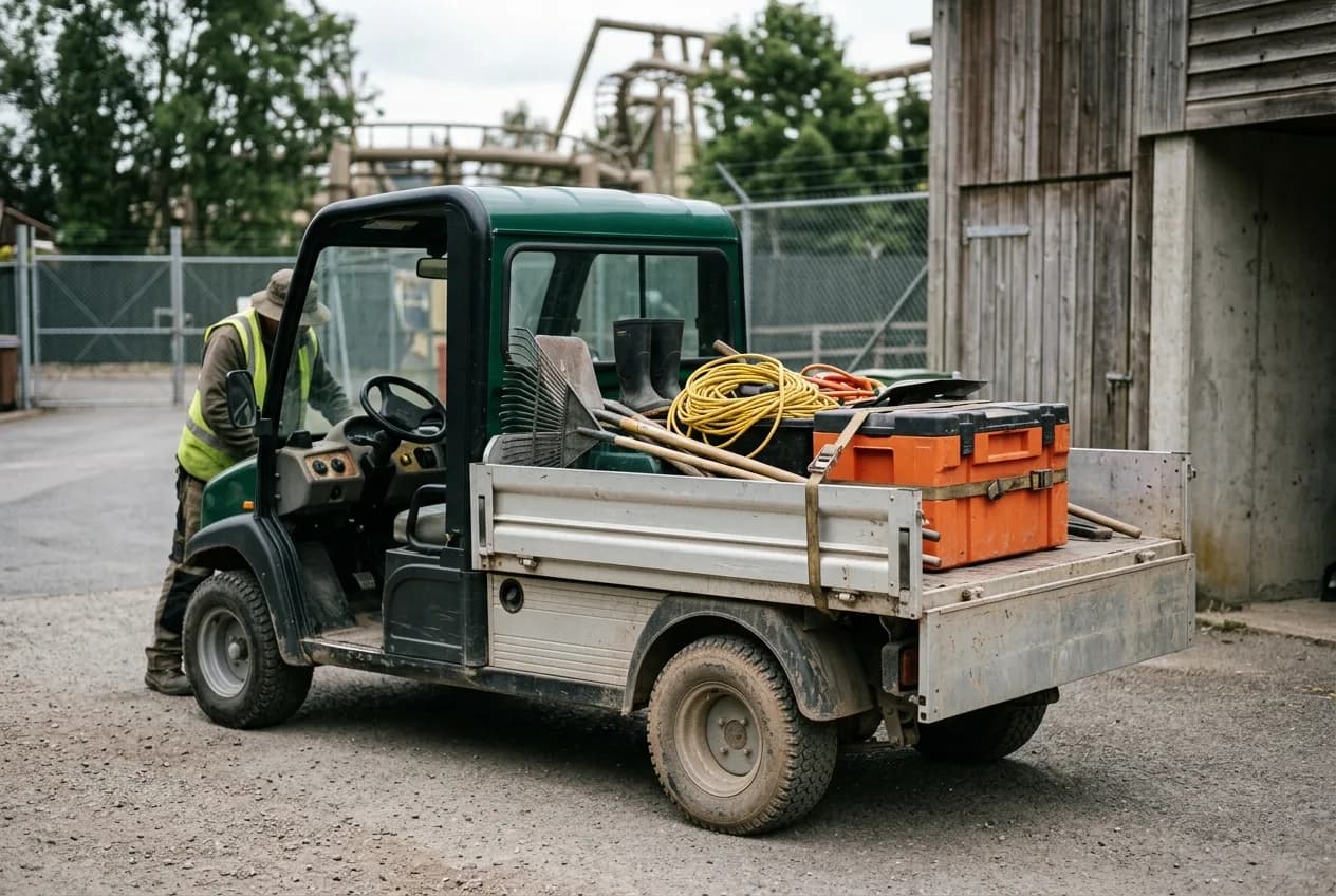 An electric utility cart with a loaded flat bed parked on a service road behind an attraction