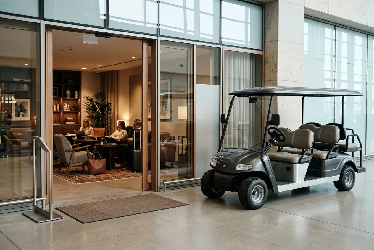 A premium electric cart carrying a passenger quietly through a bright airport terminal