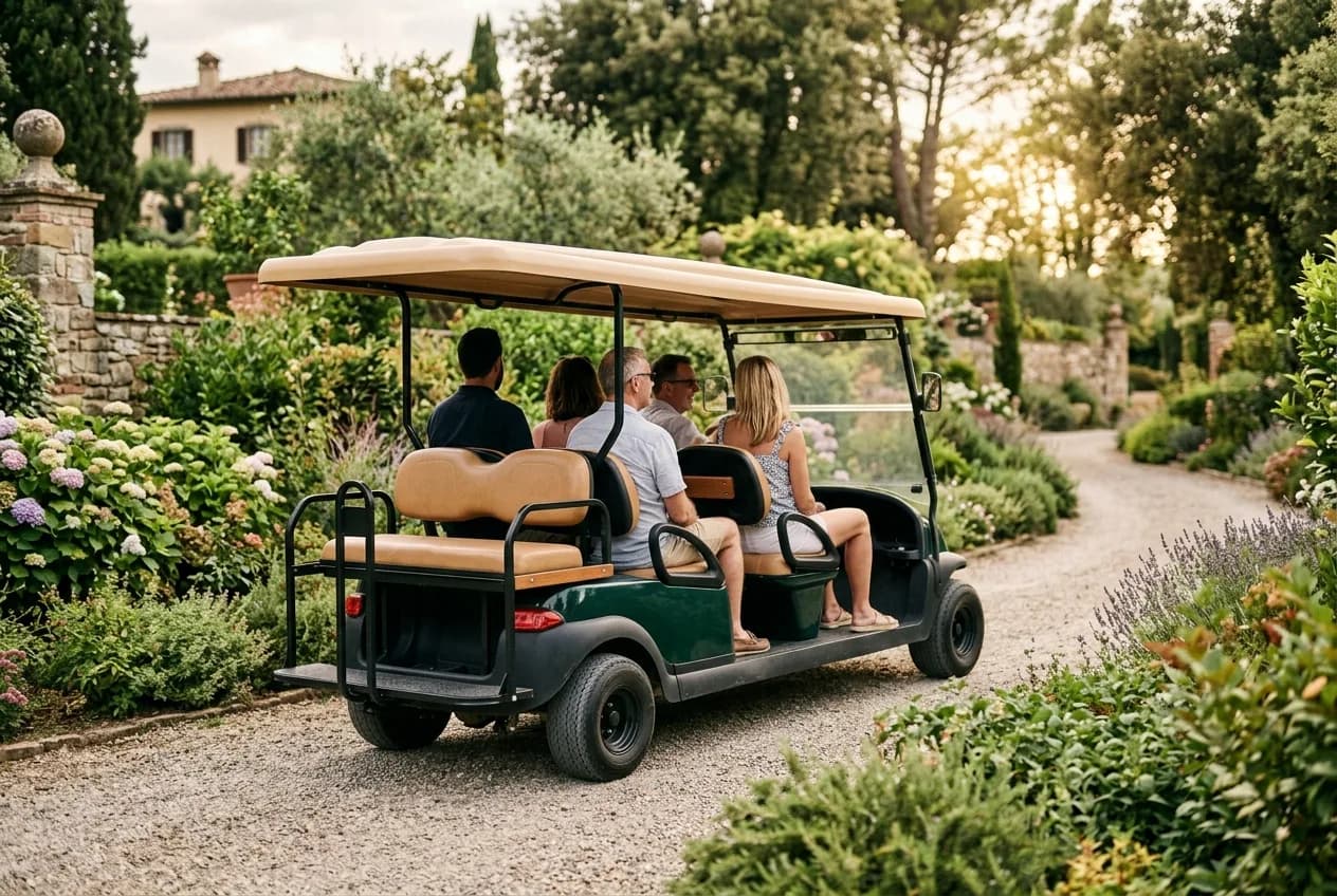 Guests seated in a well-finished electric cart on a private tour through landscaped grounds