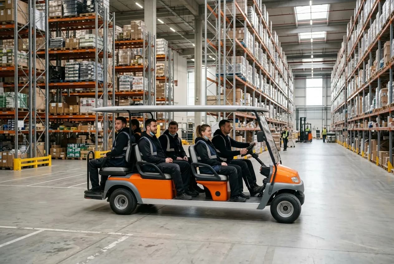 A multi-seat electric personnel carrier moving staff along a wide aisle inside a large distribution center