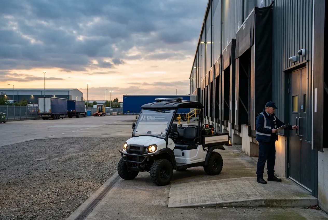 A security guard driving an electric patrol cart along a warehouse perimeter fence at night with work lights on
