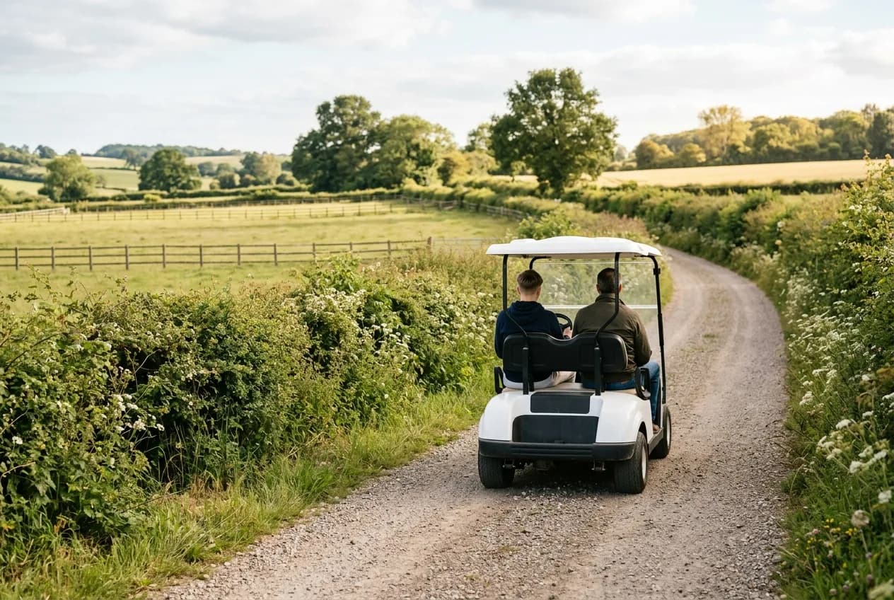 Teenager driving a golf buggy along a private estate track with an adult passenger on a summer day in the UK