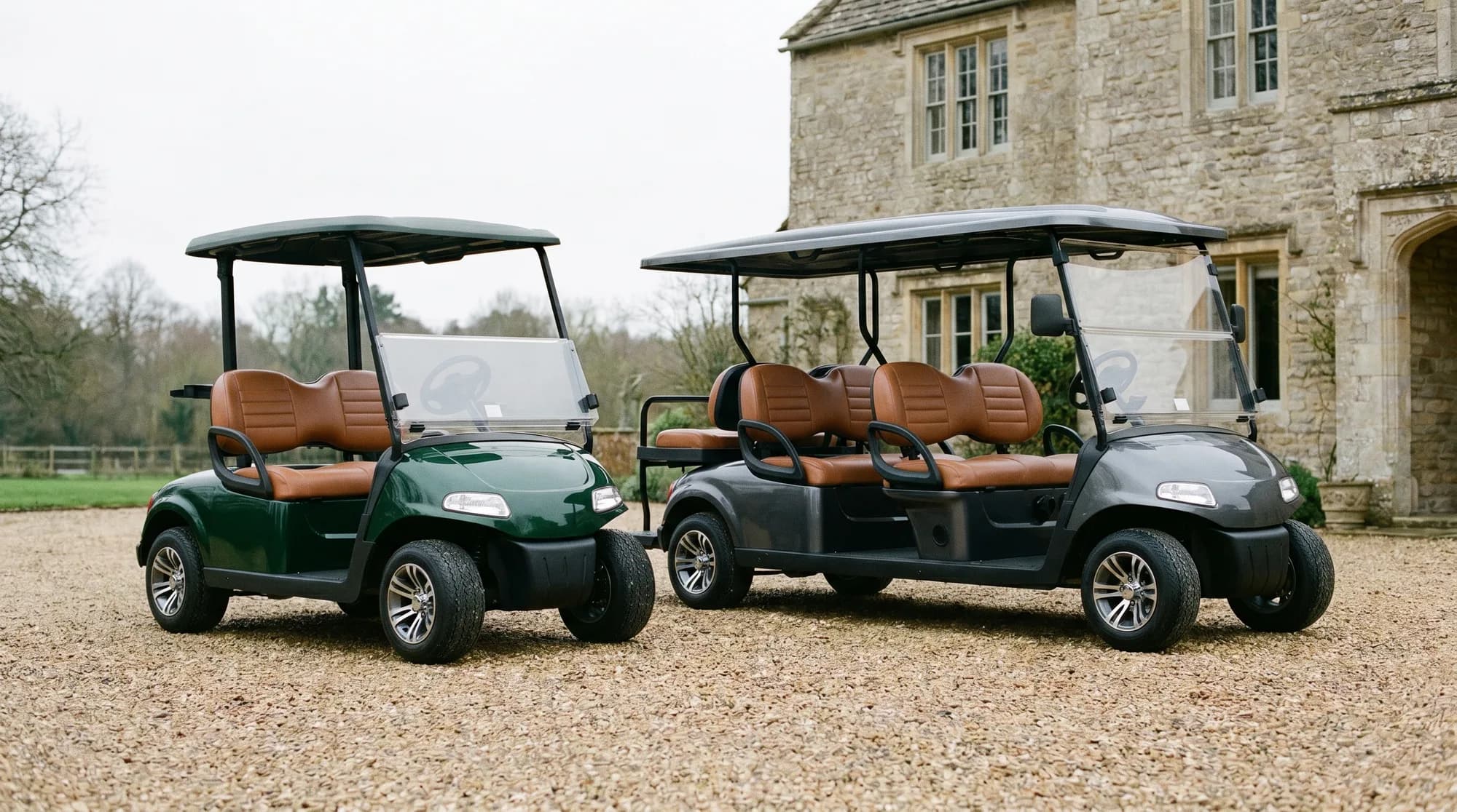 A range of electric golf carts of different makes and sizes