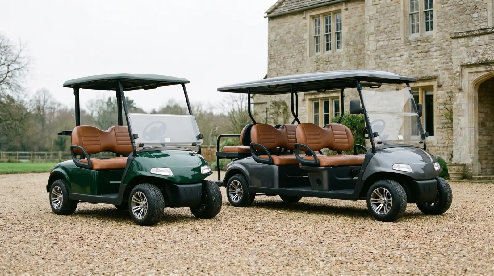 A fleet of premium electric golf buggies, a two-seater and a six-seater, outside a country house