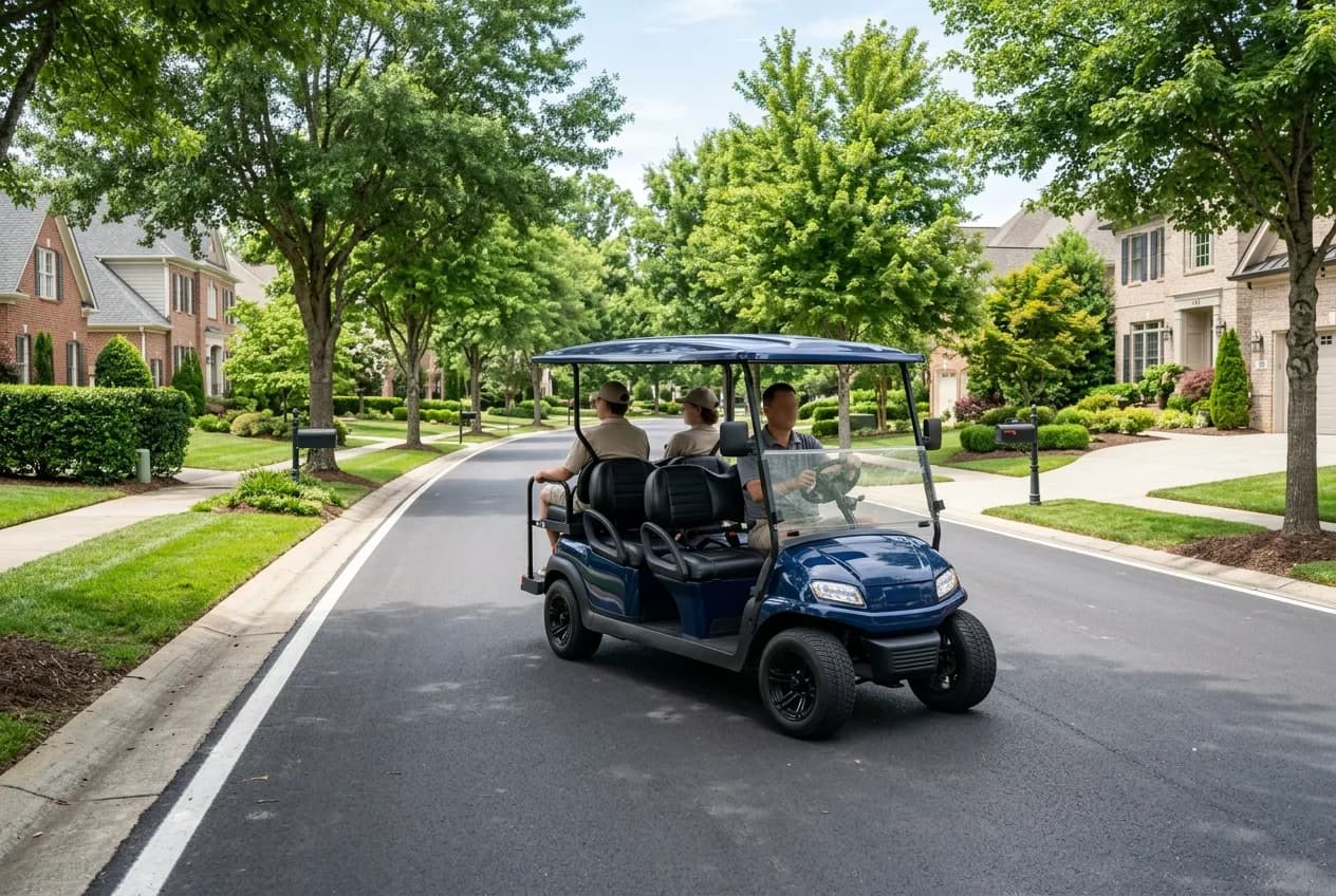 A four-seat electric golf cart parked outside a home in a sunny suburban neighborhood