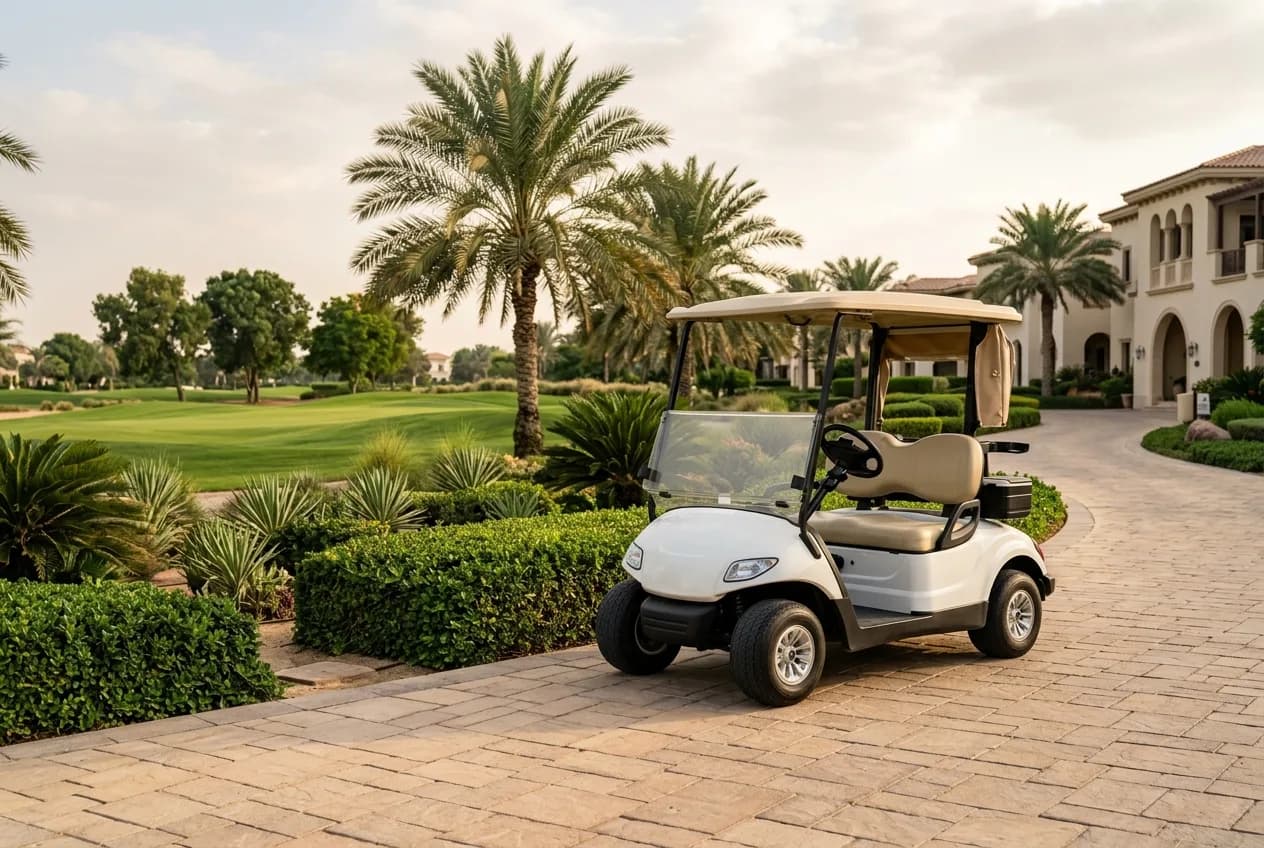 A clean electric golf buggy on a landscaped golf estate driveway in Dubai under warm daylight
