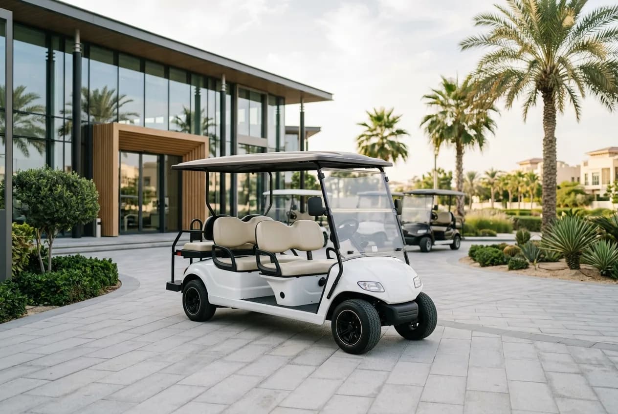 A clean electric golf cart on a dealership forecourt in Dubai under warm Gulf daylight