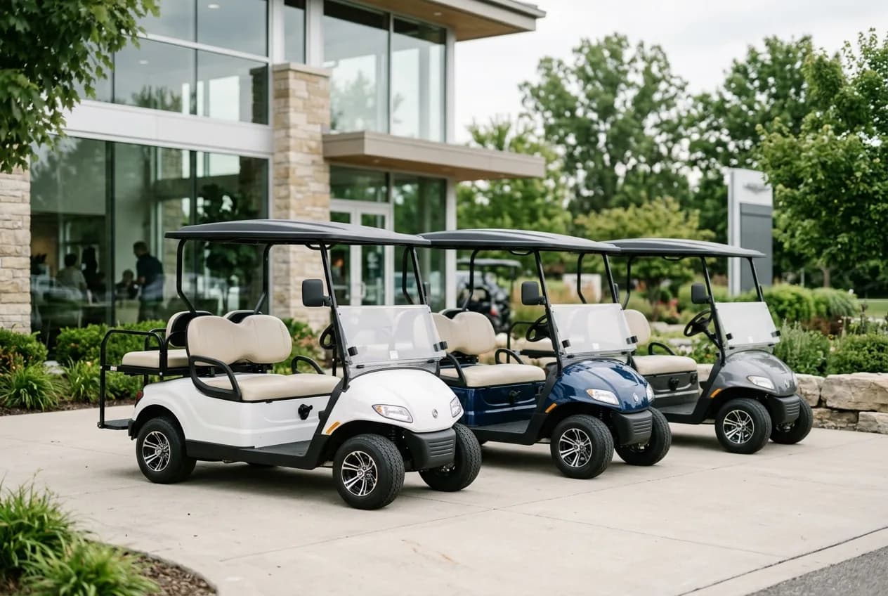 A row of clean electric golf carts displayed on a dealership forecourt under soft daylight