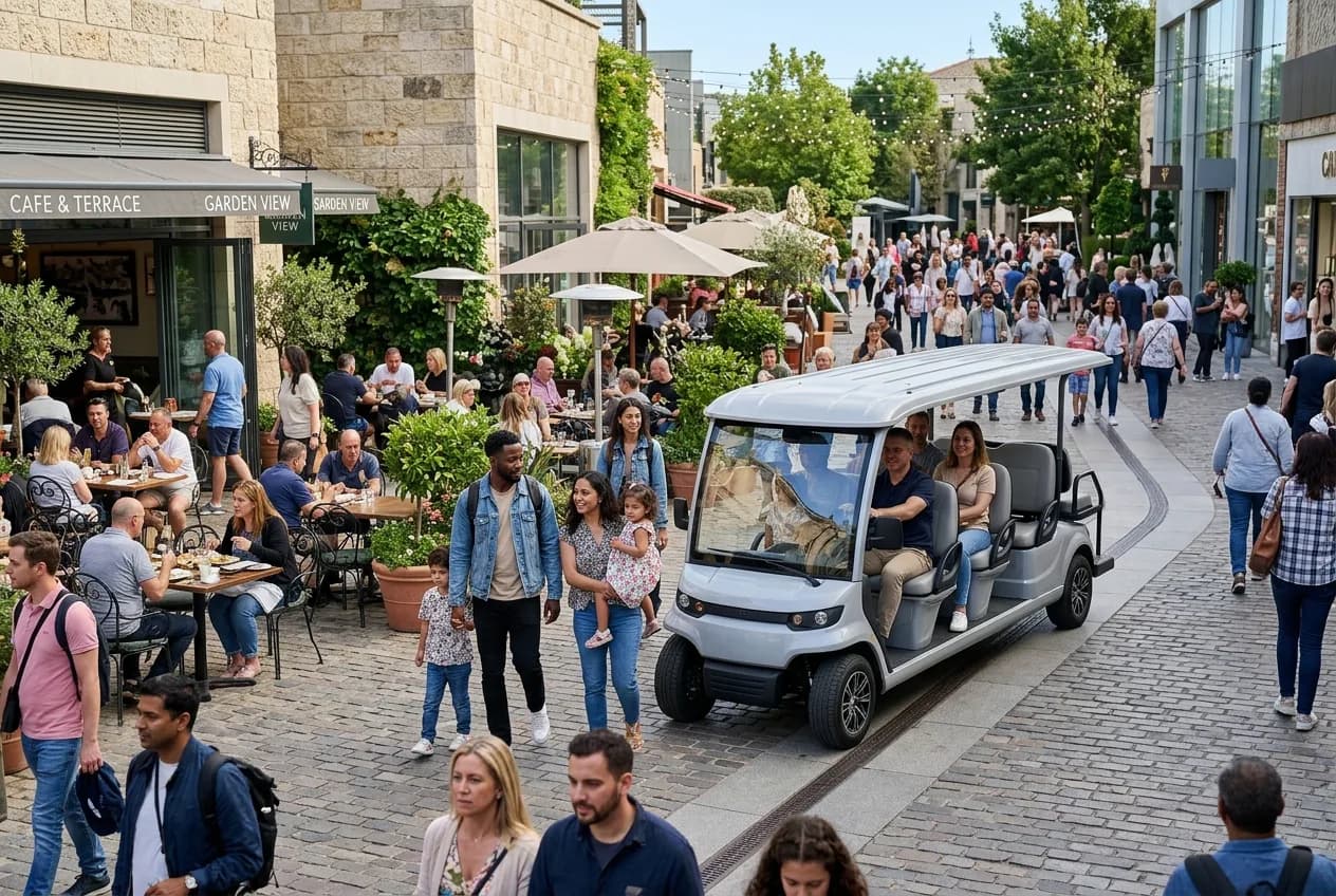 A quiet electric people-mover passing close to pedestrians in a busy attraction walkway