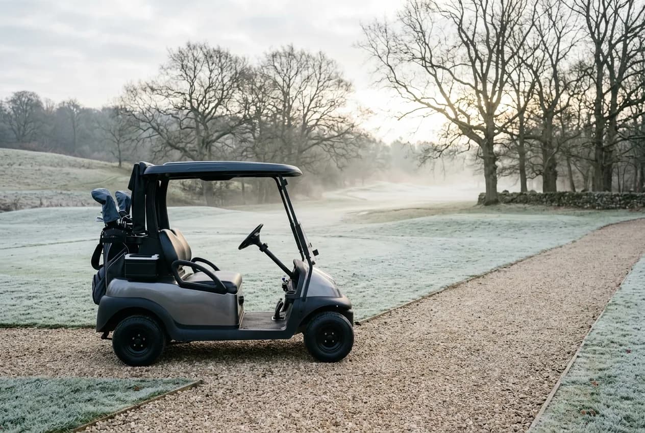 Electric golf cart parked on a gravel path beside a frost-covered UK fairway in low winter sun