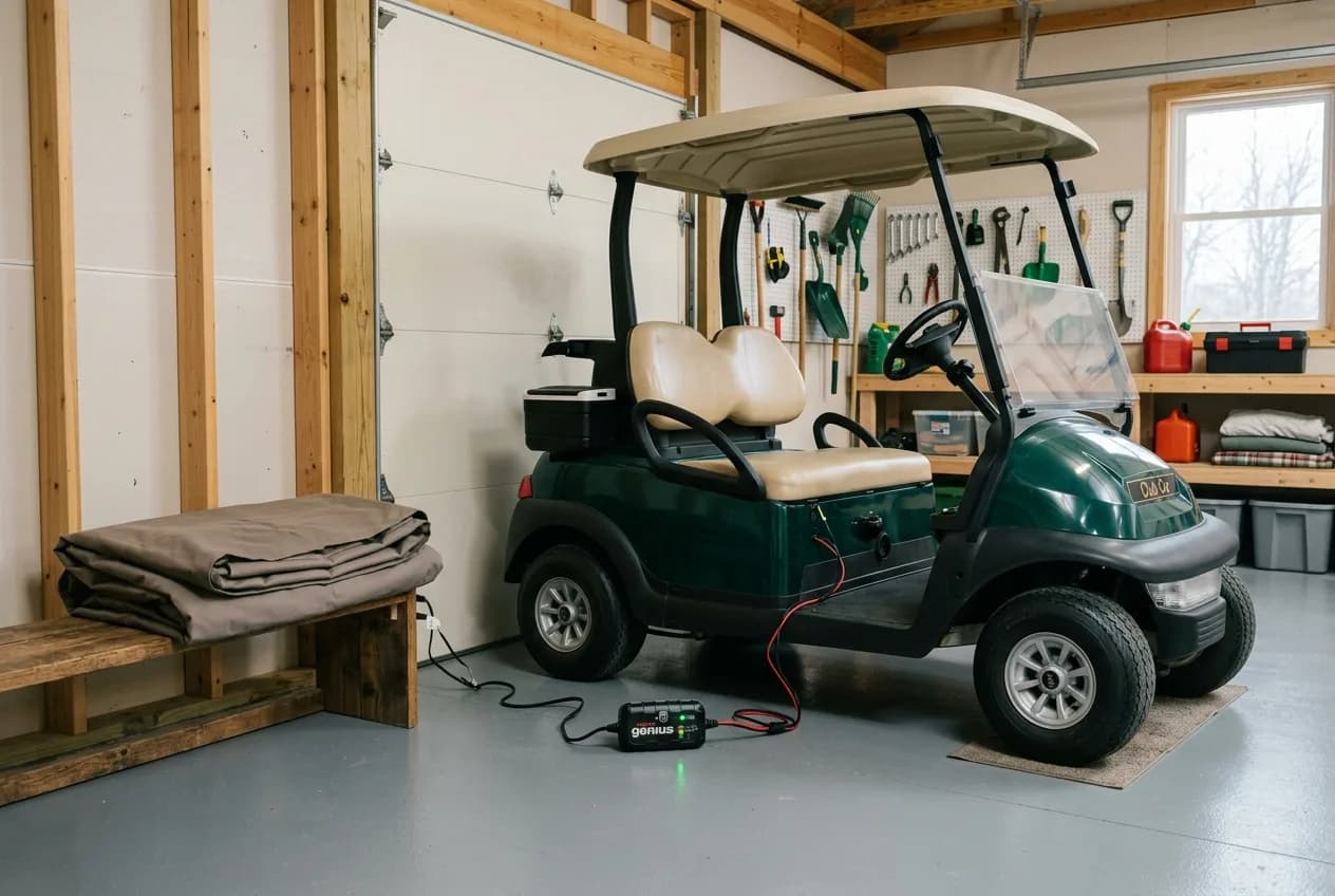 A golf cart covered and stored in a clean dry garage for winter with a maintenance charger connected