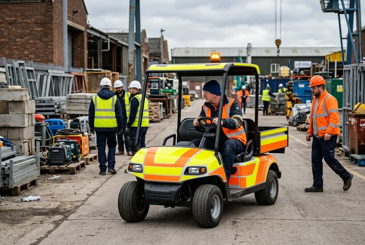 A high-visibility electric site buggy moving slowly alongside a clearly marked pedestrian walkway under natural light