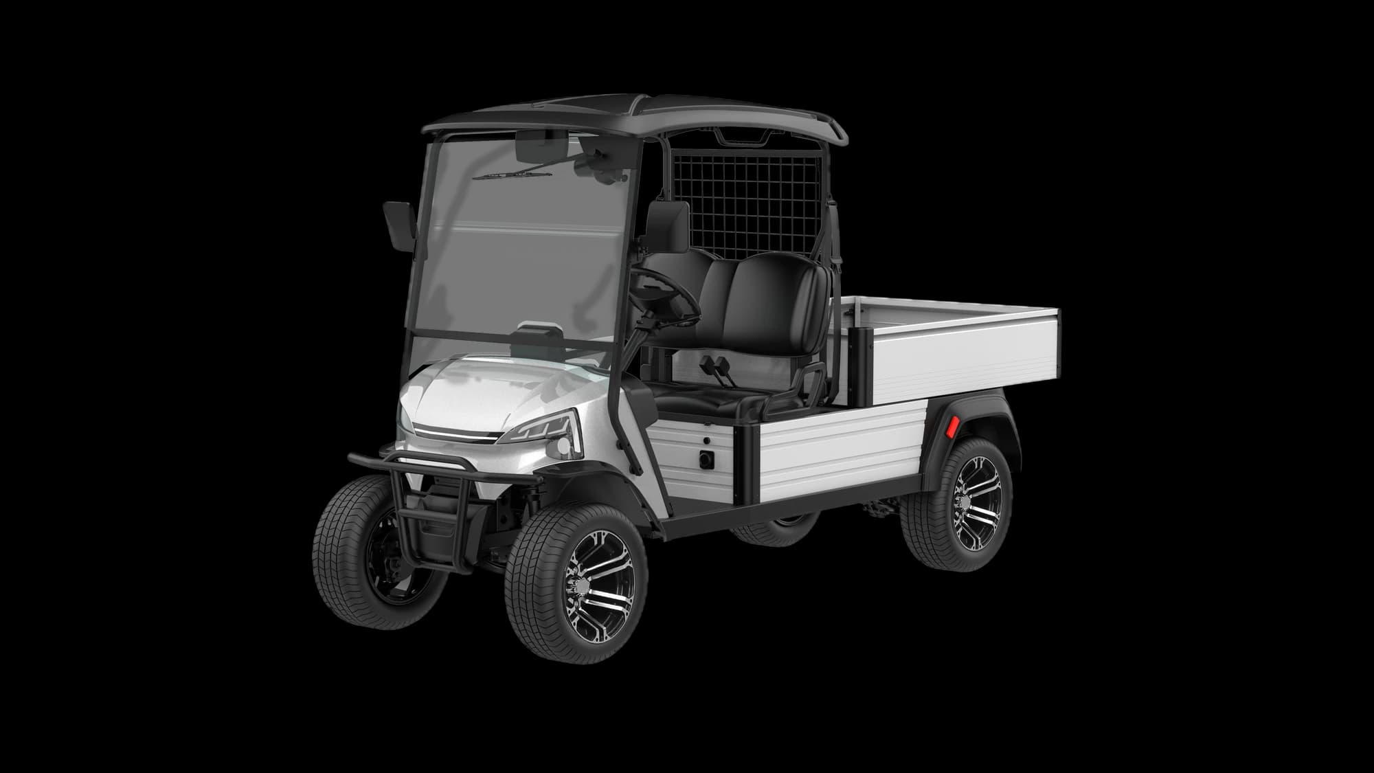Hawke C500 2-seater electric utility vehicle with drop-side bed, front three-quarter view