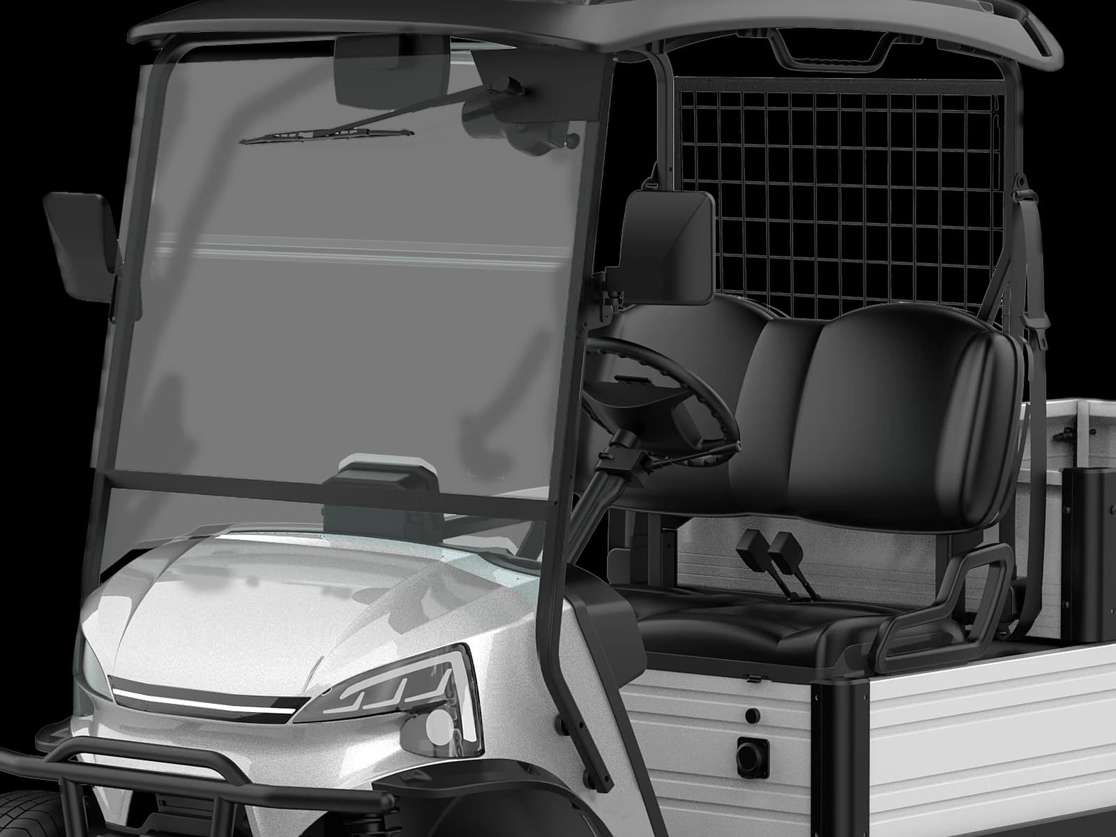 Hawke C500 2-seater electric utility vehicle with drop-side bed, detail of the windscreen, wiper, side mirrors, mesh bulkhead and LED headlight