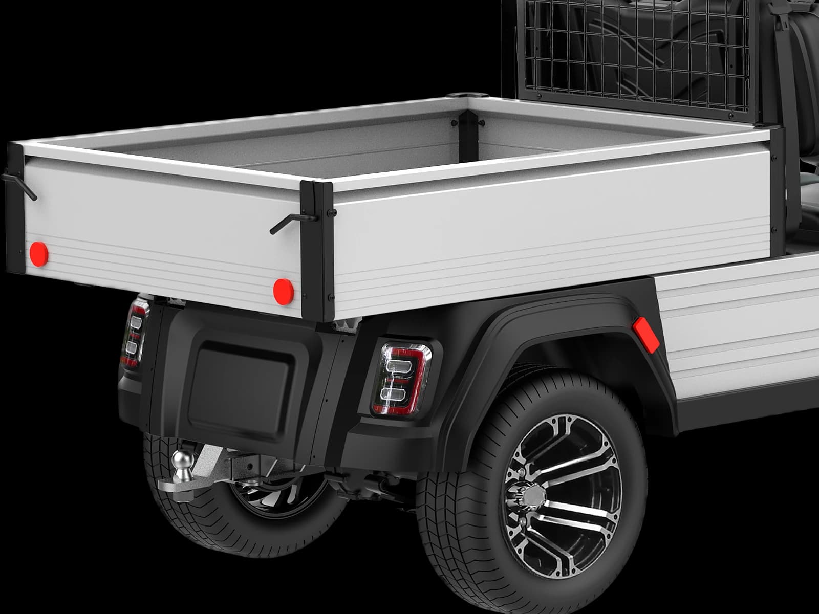 Hawke C500 2-seater electric utility vehicle with drop-side bed, detail of the aluminium drop-side bed and rear lamps