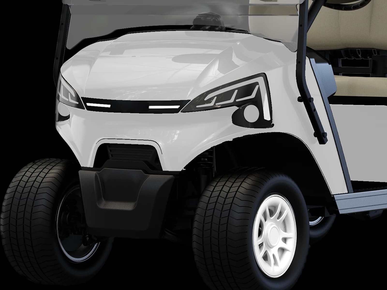 Hawke J2 2-seater lithium electric golf buggy, detail of the LED headlights and turf tyres