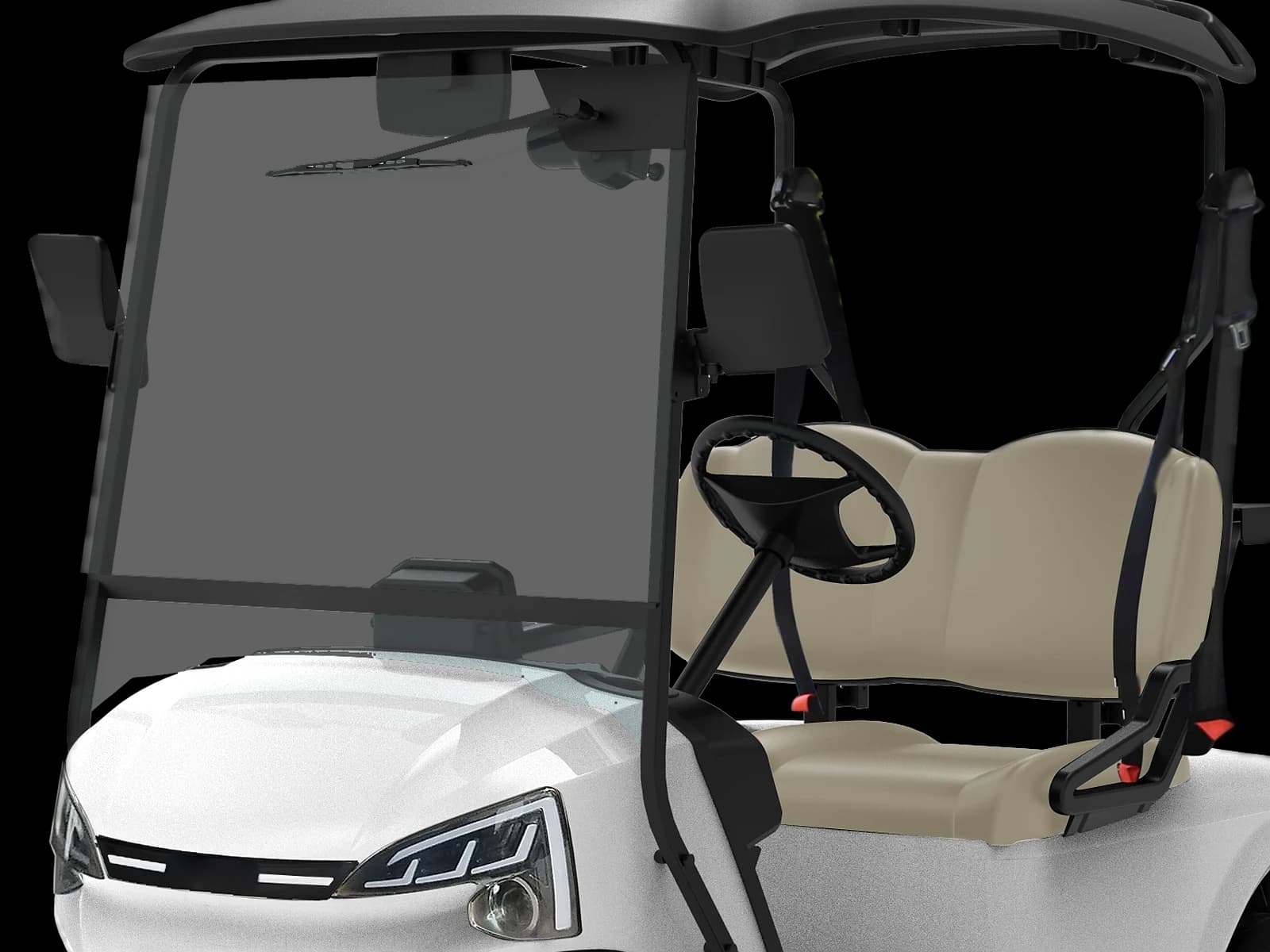 Hawke J2 GT 2-seater premium lithium golf buggy, detail of the side mirrors, windscreen wiper, interior mirror and seat belts