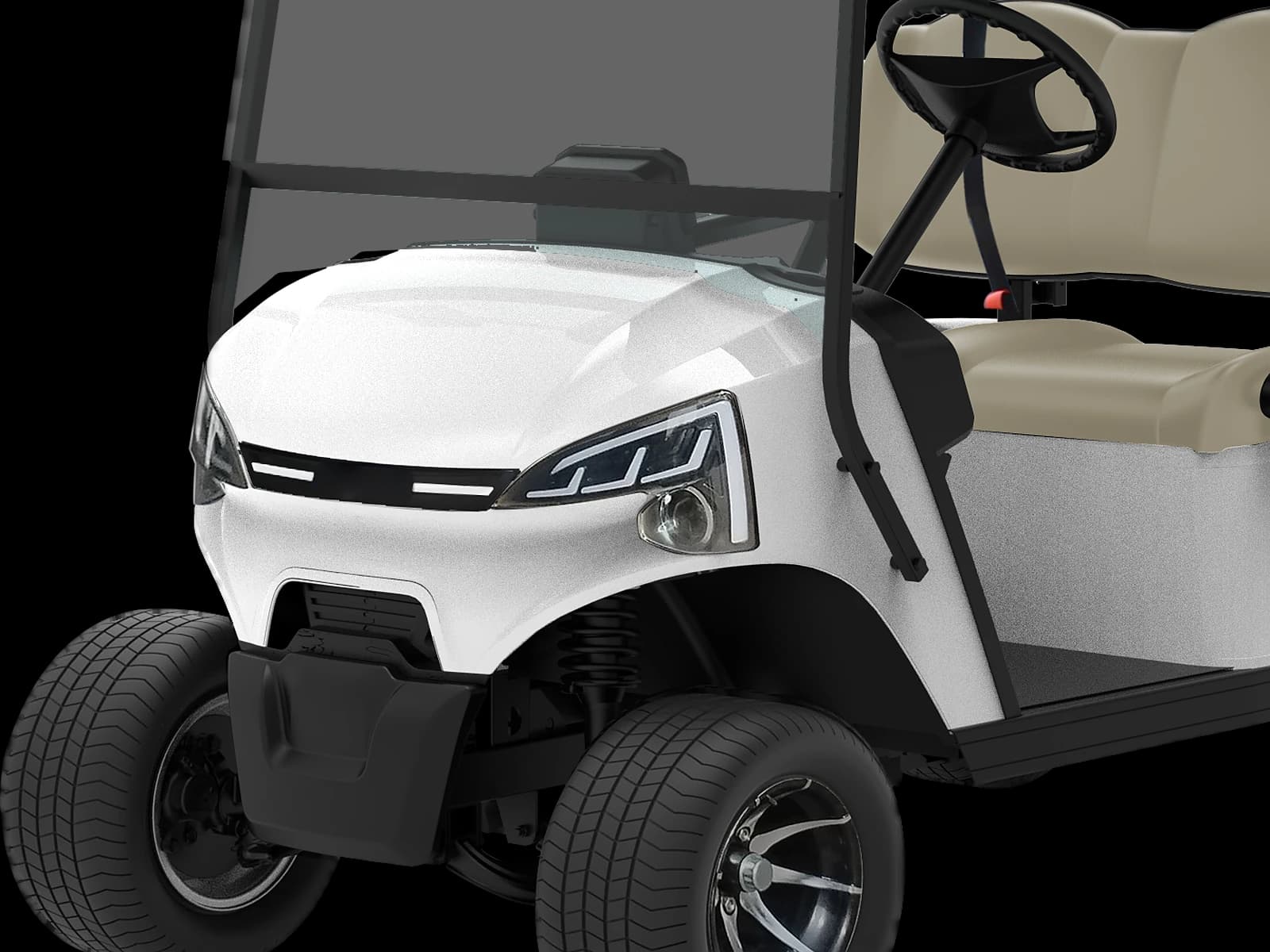 Hawke J2 GT 2-seater premium lithium golf buggy, detail of the LED headlights and 12 inch alloy wheels
