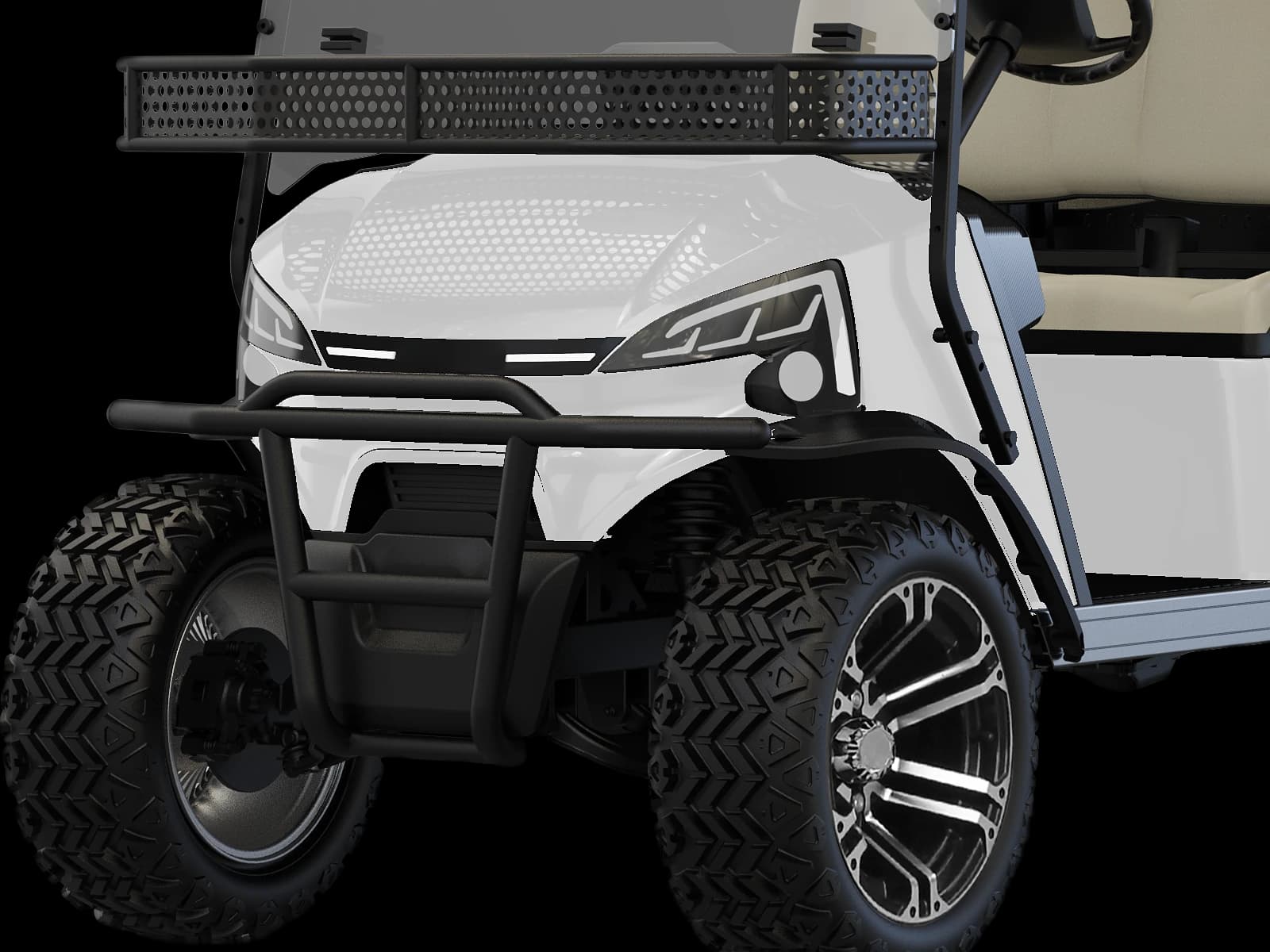Hawke J2+2 Lifted 4-seater lifted lithium off-road buggy, detail of the lifted front suspension, front brush guard and all-terrain tyres