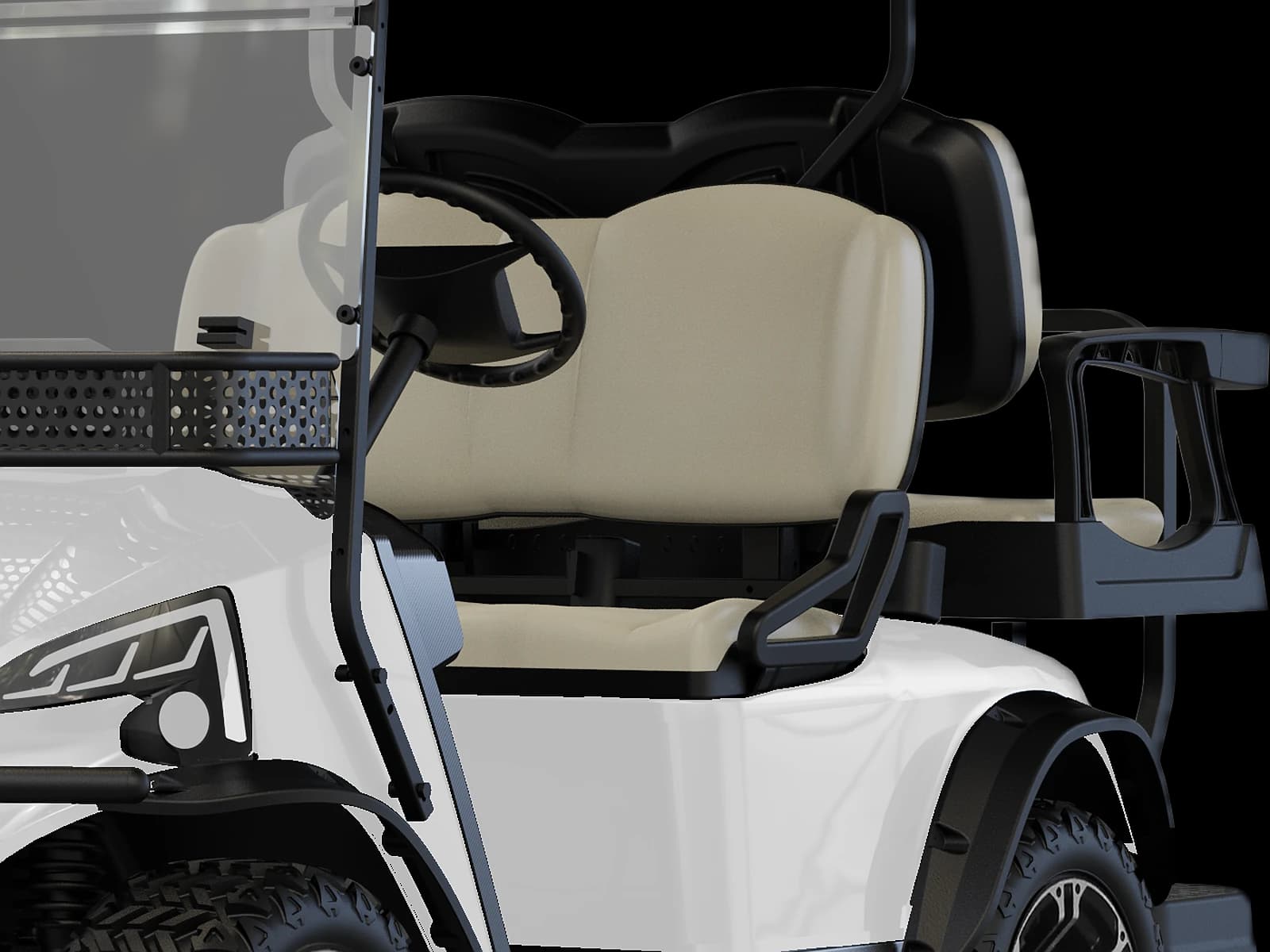 Hawke J2+2 Lifted 4-seater lifted lithium off-road buggy, detail of the front seats and the rear-facing flip seat